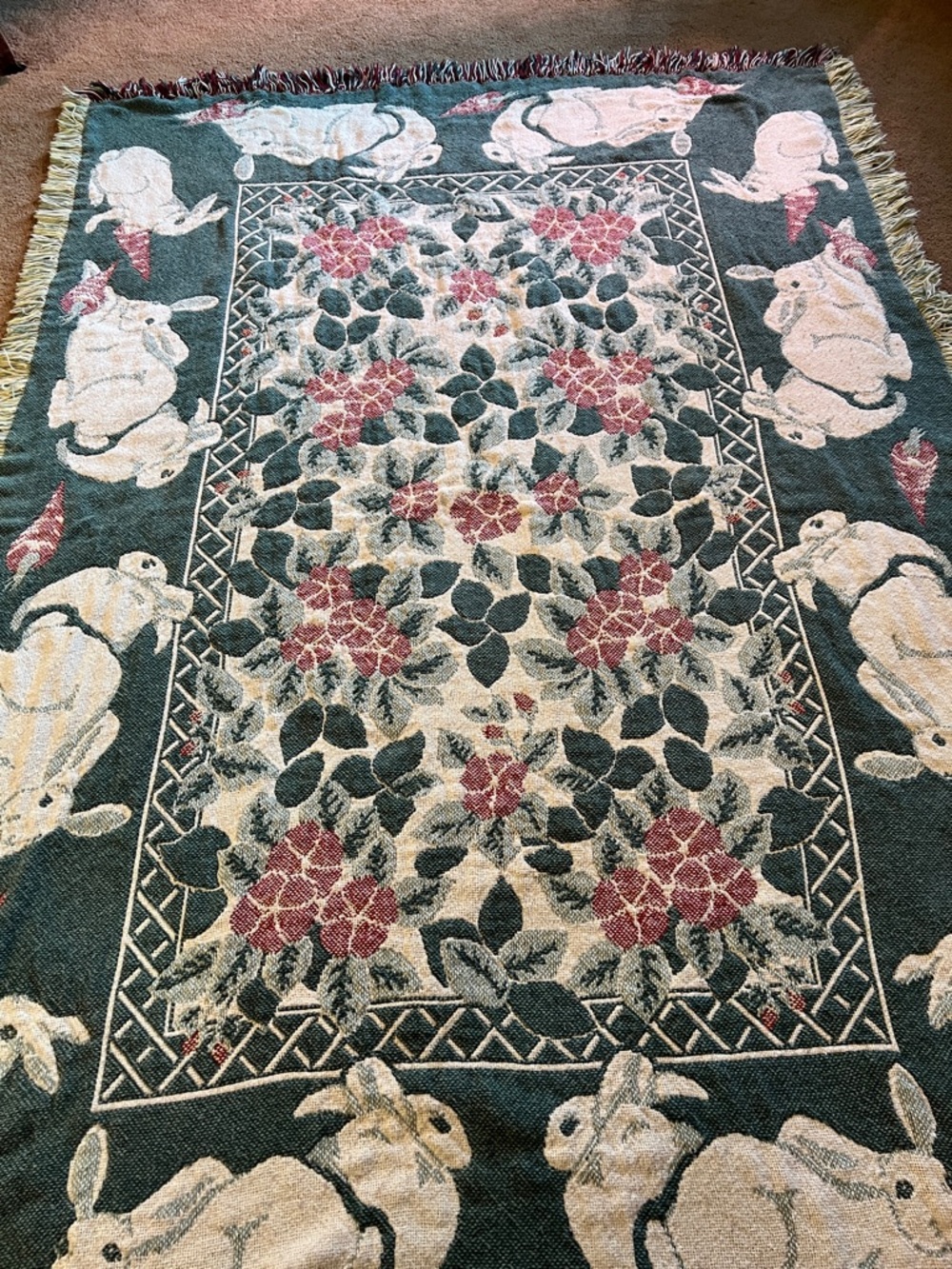 Floral & Bunny Woven Throw - Green, Cream, Pink